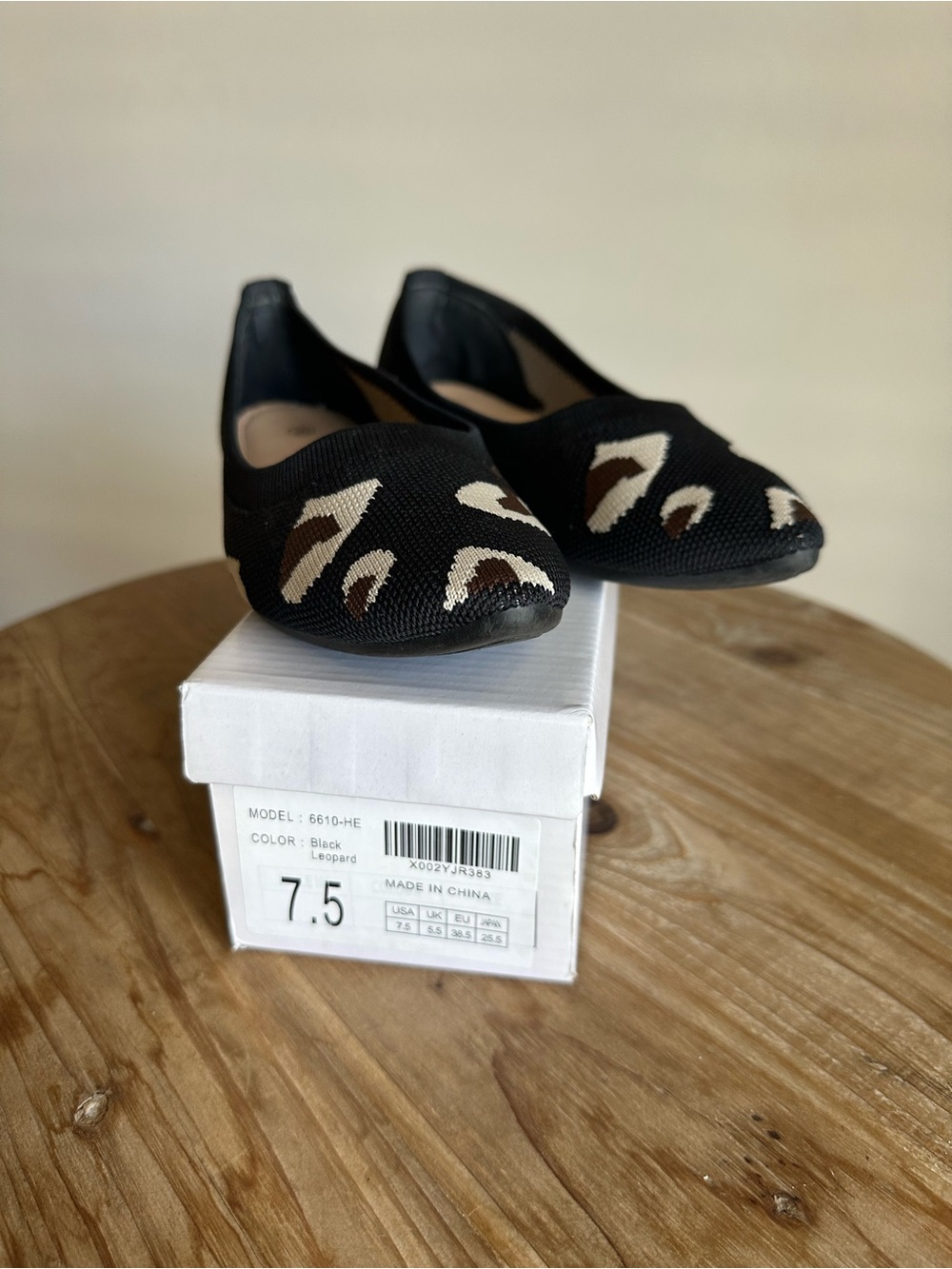 Black Leopard Knit Ballet Flats - Women